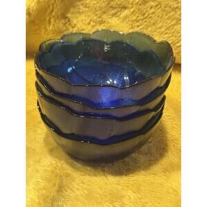 Arcoroc France Cobalt Blue Swirl Scalloped Edge Glass Bowls Set 4 Salad Dessert
